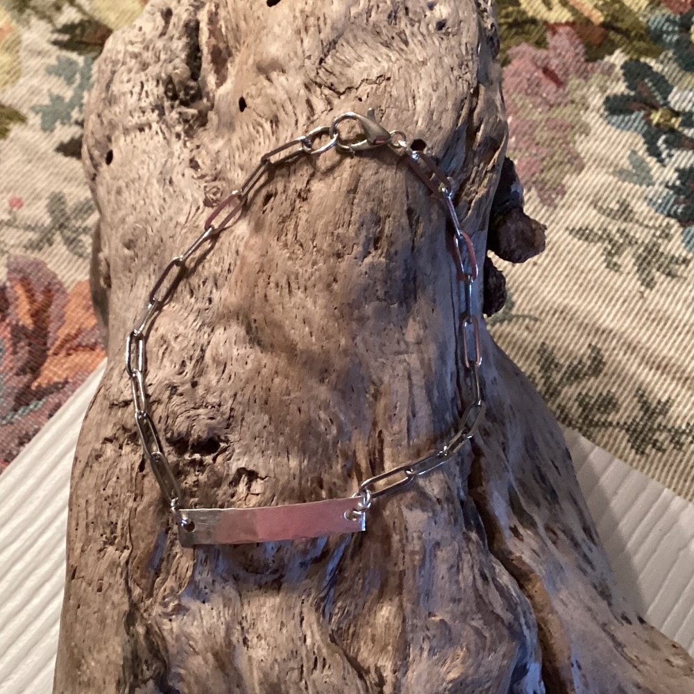 Stainless Steel Paperclip Chain Hammered Bar Bracelet 8”